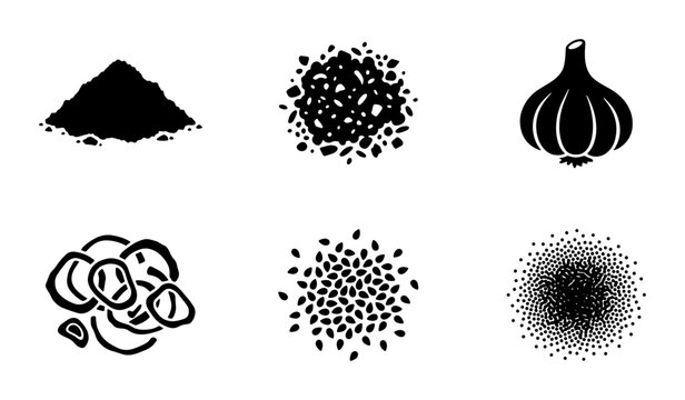 Black and white spice icons set, culinary seasoning silhouettes including garlic and pepper powder, organic food ingredient vector illustrations