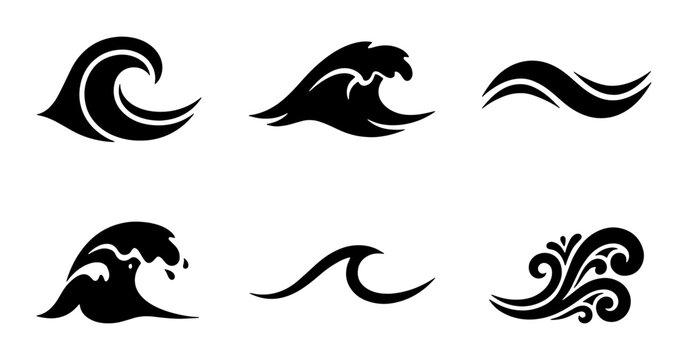 Ocean wave icons set, black sea surf silhouettes, 6 minimalist water splash vector elements for logo design and summer beach branding