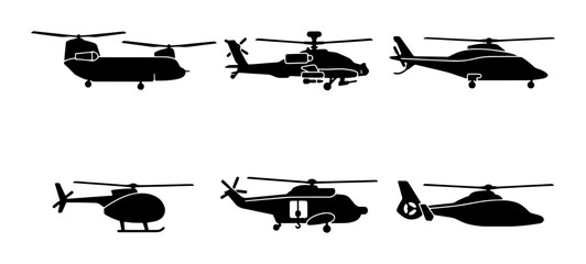 Military and civilian helicopter silhouettes, set of 6 aircraft vector icons, black chopper transport collection, aviation and rescue flight symbols © YusraSultana