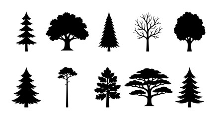 Black tree silhouettes set, 10 forest tree vector icons, minimalist pine and oak tree shapes, natural wood and foliage landscape elements © Abid