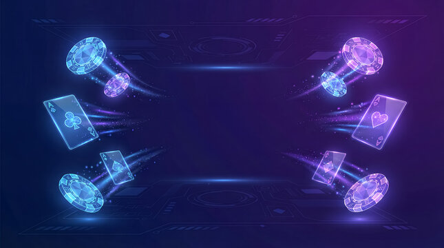 online casino background gambling neon digital gaming poker chips cards futuristic glowing chips and cards create a vivid virtual betting backdrop for apps landing pages graphics and promo screens