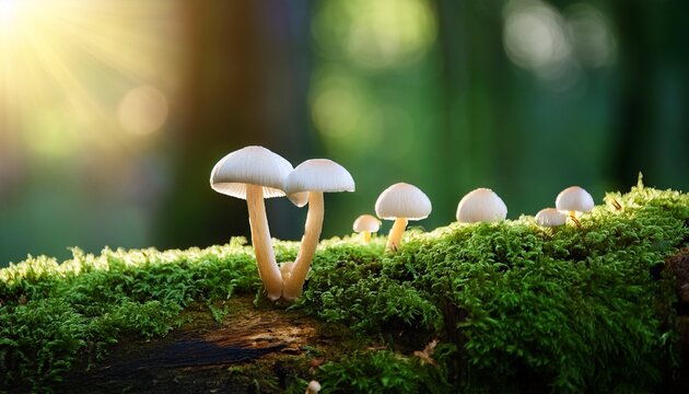 delicate white mushrooms emerge from a vibrant green moss covered log in a sunlit forest