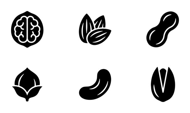 Minimalist nut icon set, black solid vector symbols of walnut, almond, peanut, hazelnut, cashew and pistachio, organic food collection for packaging