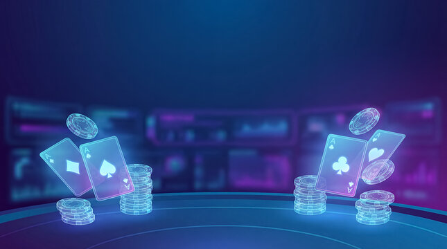 online casino background gambling neon digital gaming poker chips cards futuristic blue glowing chips and cards create an immersive virtual casino backdrop for apps websites overlays and promo screens