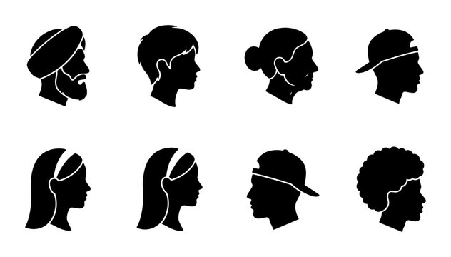 Diverse human profile silhouettes, set of 8 people head icons in side view, multicultural avatar collection for social media and user interface design