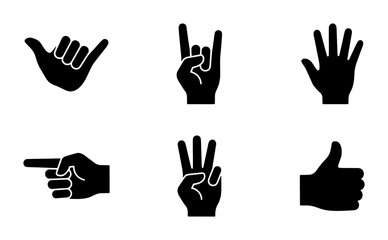 Obraz premium Black hand gesture icons set, minimalist human hand silhouettes collection, 6 vector hand signs including thumbs up and rock on symbols