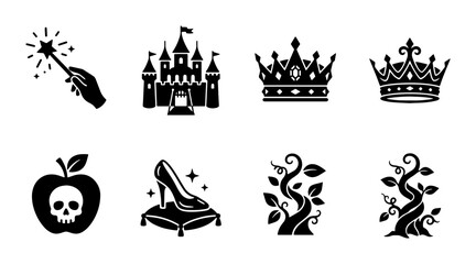 Fairy tale icons set, black silhouette fantasy magic symbols, medieval castle and royal crown vector collection, storybook elements for branding © Abid