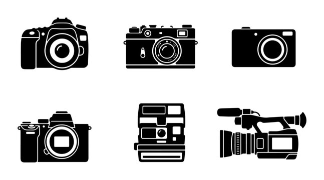 Photography camera icons set, professional DSLR and mirrorless camera silhouettes, vintage film and instant camera vector graphics, video camcorder symbols