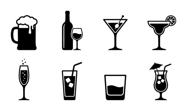 Alcoholic beverage icon set, black cocktail and beer glass silhouettes, 8 minimalist drink vector symbols for bar menus and restaurant signage