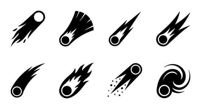 Black comet icon set, falling meteor and asteroid vector silhouettes, 8 space fireball symbols, celestial body trail graphic elements