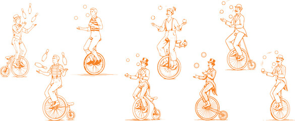 Circus jugglers performing on unicycles in vintage style vector illustration eps 10 © md