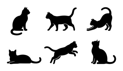 Black cat silhouette collection, set of 6 feline vector icons in various poses, domestic cat shapes for pet branding and animal graphics © Jeba