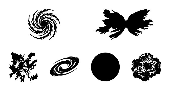 Abstract black space silhouettes set, cosmic galaxy and nebula vector icons, celestial spiral and starburst shapes for science fiction design