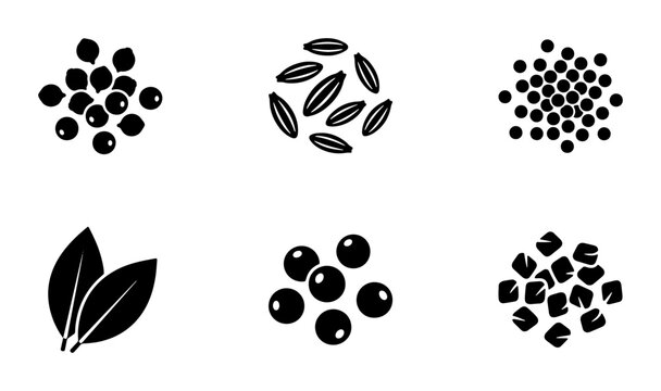 Minimalist spice and herb icons set, black vector silhouettes of peppercorns, cumin seeds, bay leaves and salt crystals for culinary packaging design