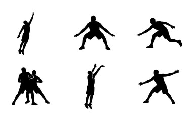 Basketball player silhouettes set, athletic men in action poses vector, professional basketball players jumping and shooting, sports competition graphics © Rashedur