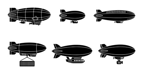 Vintage blimp and zeppelin silhouette collection, set of 6 airship vector icons, retro dirigible transport symbols for aviation design © Rashedur