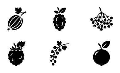 Minimalist berry icon set, black silhouette fruit vector collection, 6 organic garden berry symbols, flat graphic berry illustrations for food packaging © Rashedur