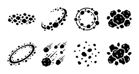 Black and white space debris vector set, 8 asteroid and meteor icons, cosmic rock explosion and planetary ring elements for sci-fi gaming © Rashedur