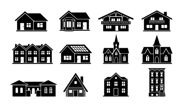 Black house icons set, residential building silhouettes, 12 vector home exterior symbols, real estate architecture and property signs