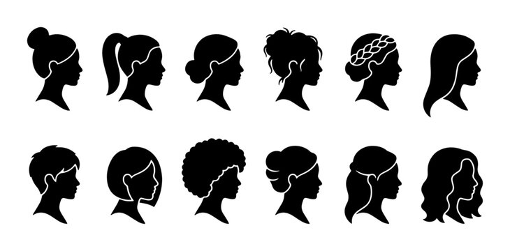 Minimalist female profile silhouettes, set of 12 woman head icons with diverse hairstyles, black and white lady avatar vector collection for beauty branding