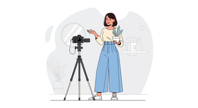 Woman filming content with camera and ring light, holding a plant