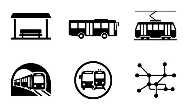 Public transport icon set with bus, tram, and subway symbols. Urban transit vector collection for city navigation maps. Black silhouette transportation graphics.