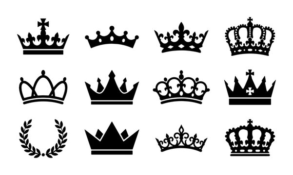 Royal crown silhouette collection, 12 heraldic king and queen tiara icons, black imperial coronet symbols, elegant laurel wreath and monarchy vector set