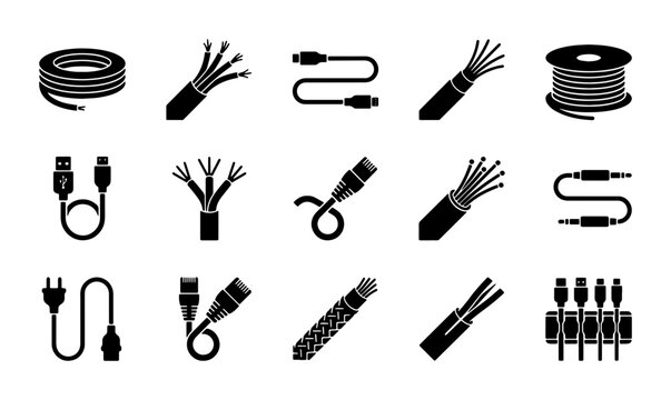 Electrical cable and wire icons set, 15 black vector symbols of power cords and fiber optic connectors, industrial wiring and data connection elements