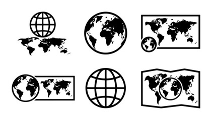 Minimalist world map icon set, black globe vector silhouettes, global geography and earth cartography symbols for business and travel logistics © Samia