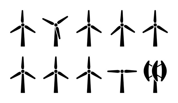 Wind turbine icon set, 10 renewable energy silhouettes, black wind farm vector symbols, sustainable power generation graphics for eco-friendly design