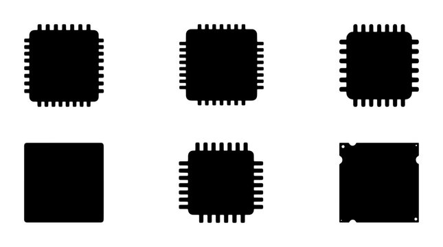 Computer chip silhouette icons, microchip processor vector set of 6 elements, electronic circuit hardware symbols for technology design