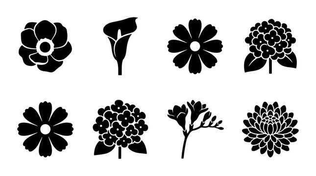 Minimalist black flower icons set, botanical floral silhouettes vector collection, 8 elegant garden blossom symbols for logo design and branding