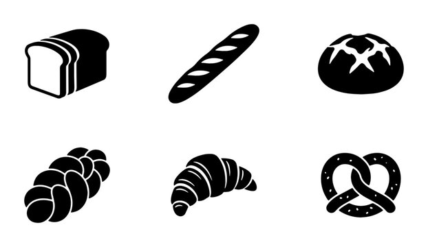 Bakery bread icons set, black silhouette bakery products including baguette and croissant, 6 vector bread elements for cafe menus and food packaging