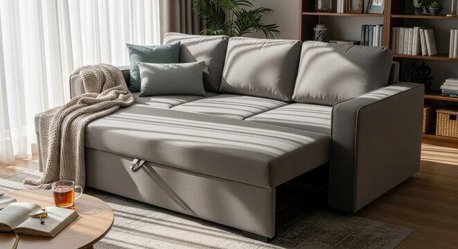 Modern sectional sofa bed with concealed storage, offering comfort and versatility for contemporary living spaces.