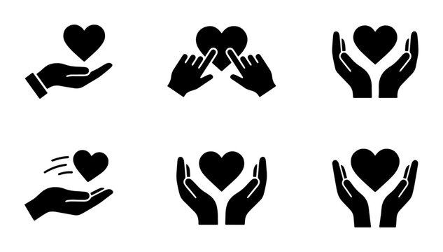 Charity and care icon set, 6 black heart and hand vector symbols, donation and support concept illustrations for non-profit organizations and healthcare