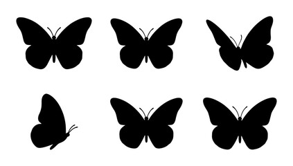 Black butterfly silhouette collection, set of 6 vector insect icons, minimalist butterfly wing shapes for logo design and spring decoration © Arif