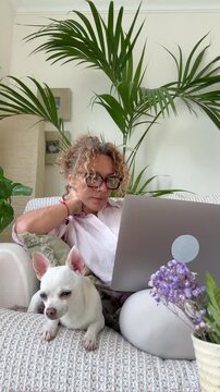 A curly-haired woman wearing glasses works on her laptop while her white chihuahua sleeps peacefully beside her on the cozy couch, showcasing a relaxed work-from-home lifestyle.