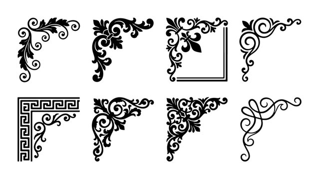 Vintage floral corner borders set, 8 black ornamental vector frames, antique baroque filigree scrollwork, elegant decorative wedding invitation elements