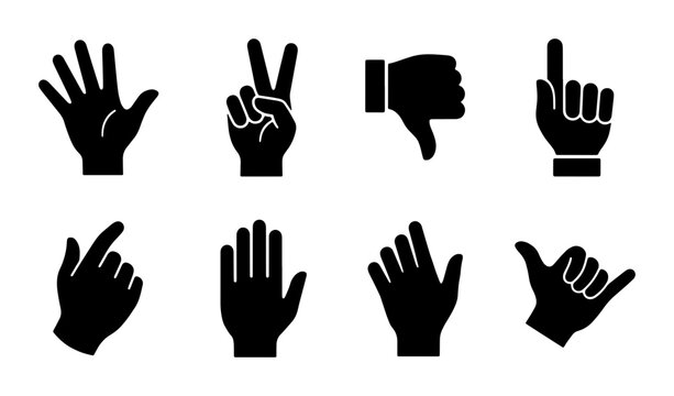 Black hand gesture icons set, 8 flat vector hand silhouettes, human palm and finger communication signs, nonverbal body language symbols
