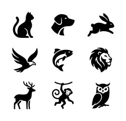 Minimalist animal icons set, black silhouette wildlife logos, collection of 9 vector animal symbols including cat dog lion and eagle © Arif