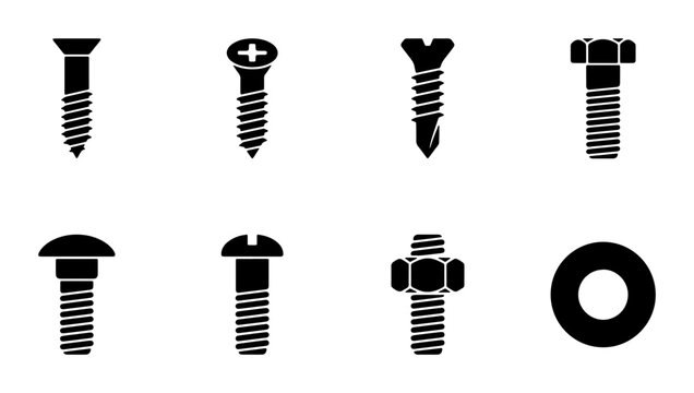 Industrial screw and bolt icons set, black metal hardware fasteners vector collection, construction tool equipment and steel washer symbols