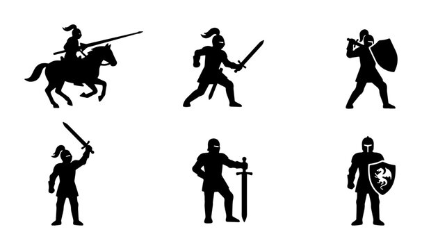 Medieval knight silhouette collection, black warrior figures with swords and shields, set of 6 ancient soldier vectors for historical gaming and heraldry