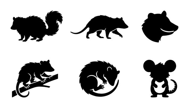 Opossum silhouette collection, set of 6 wild animal icons. North American marsupial vector graphics, black possum silhouettes for nature design