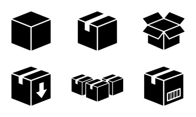 Cardboard box icon set, 6 black shipping package vectors, isometric delivery parcel collection, logistics and warehouse storage symbols © Samia