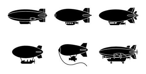 Vintage airship silhouette collection, 6 black blimp vector icons, retro dirigible and zeppelin transport symbols, aviation history graphic set © Arif