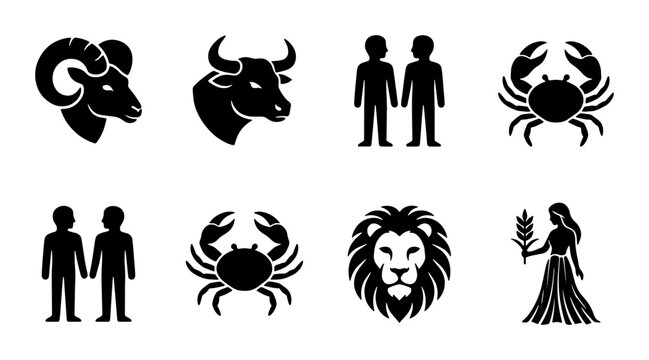 Zodiac signs black silhouette icons set, astrology horoscope symbols collection, celestial star sign vector illustrations for mystical branding