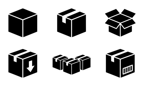 Cardboard box icon set, 6 black shipping package vectors, isometric delivery parcel collection, logistics and warehouse storage symbols