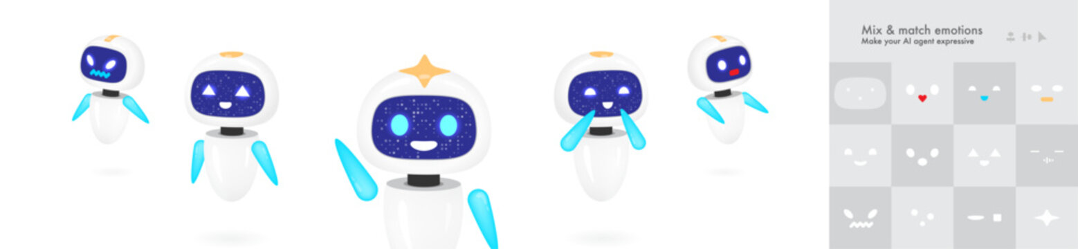 Ai agent icon vector set features various character, poses and a mix and match emotions panel. This futuristic chatbot mascot kit is perfect for digital technology and customer service.