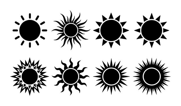 Minimalist sun icon set with 8 black vector silhouettes, celestial sunburst symbols for weather forecasting, decorative solar star graphic elements