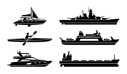 Nautical vessel silhouette collection, set of 6 watercraft icons including yacht, battleship, ferry, and cargo ship, black maritime transport vector © Arif